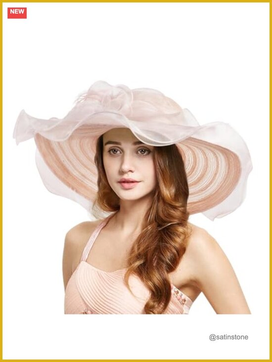 Wide Brim Derby Hat Organza Veil Feather Fascinator UV Protection Sun Hat